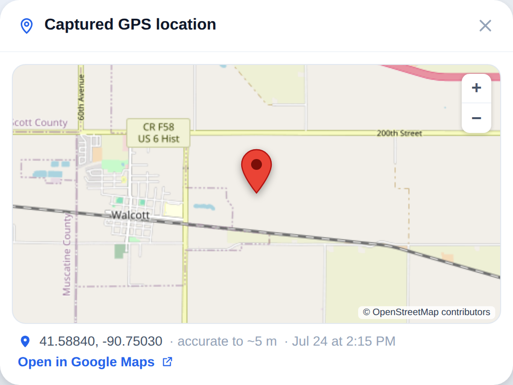 The captured GPS location of the truck shown on a map