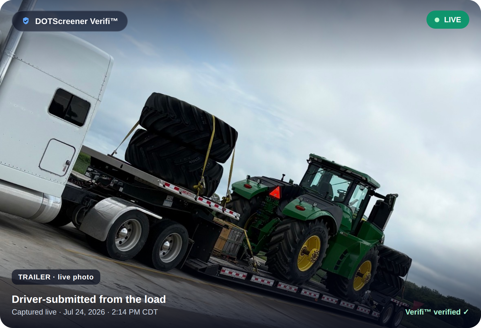 A live photo the driver submitted of the truck and trailer, marked Verifi verified